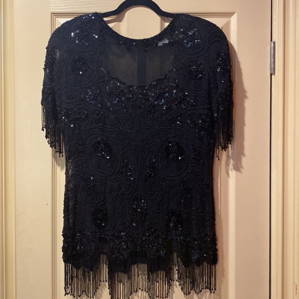 Vintage Silk Beaded Fringe Sheer Top Size 14